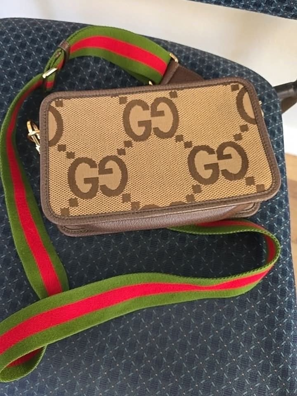 Gucci Beige Brown GG Canvas Crossbody Bag with Green & Red Web Strap